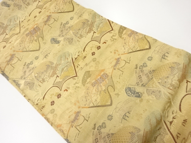 JAPANESE KIMONO / ANTIQUE MARU OBI / WOVEN BOOK & SCENERY